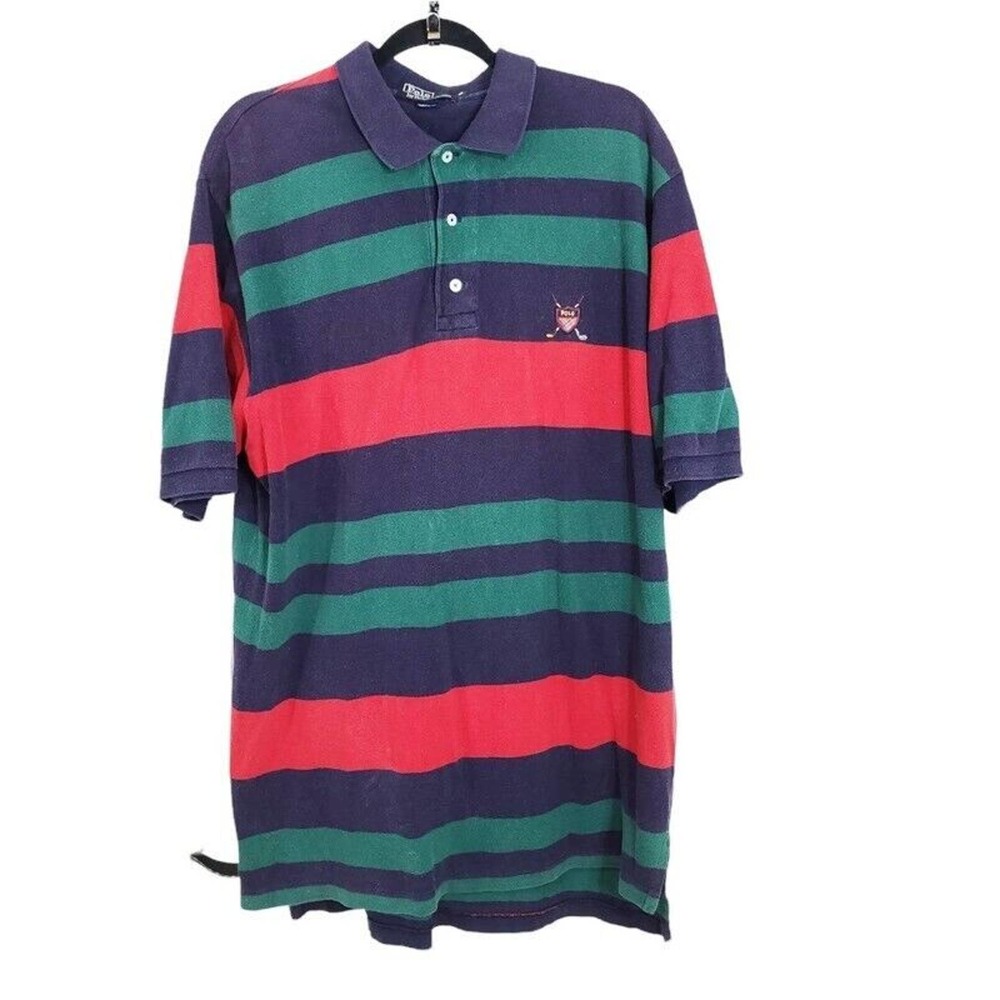 Polo Ralph Lauren Golf Shirt Vtg 90s Green Red Blue Striped Rugby Collared Sz XL - Picture 1 of 8